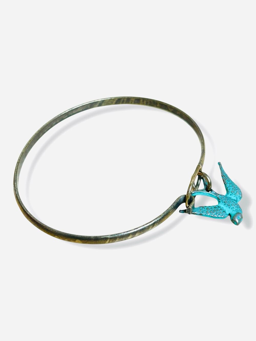 Vintage Brass Bangle Bracelet Teal Swallow Bird Dangle Charm